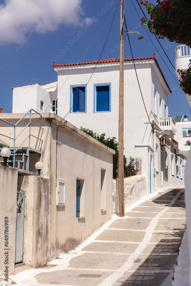 Houses in the town of Batsi, Andros, Greece.
