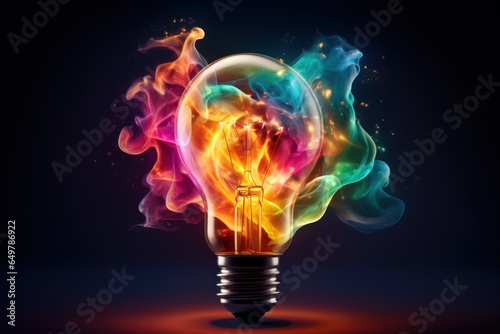 Colorful light bolb with splashes of color energy waves, Creative idea business concept