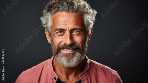 A closeup photo portrait of a handsome old mature man smiling. guy with fresh stylish hair and beard with strong jawline.