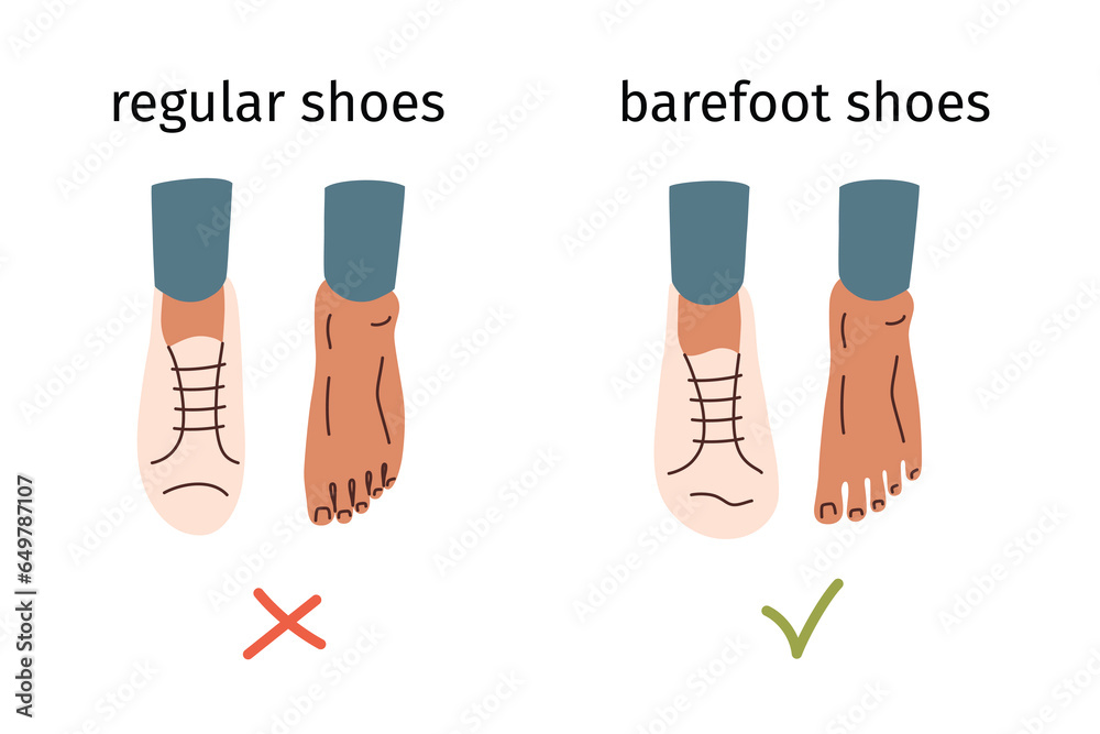 Barefoot shoes vs regular shoes. Vector arrangement with feet in