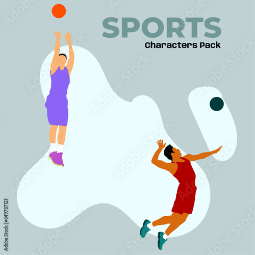Diverse group of confident professionals flat design outdoor sports, enjoying a game of Basket Ball and Volley