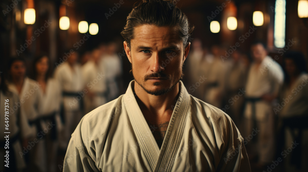 a karate asian martial art training in a dojo hall. young man wearing white kimono and black belt fighting learning, exercising and teaching. students watching in the background - obrazy, fototapety, plakaty 