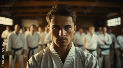 a karate asian martial art training in a dojo hall. young man wearing white kimono and black belt fighting learning, exercising and teaching. students watching in the background