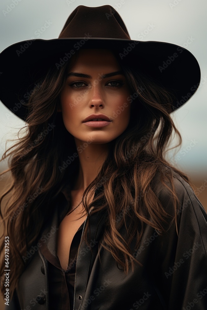 Woman in a cowboy outfit weraing a dark hat, country style fashion Woman in a cowboy outfit weraing a dark hat, country style fashion