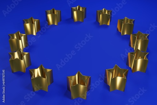 The flag of the European Union made of voluminous gold stars on a blue background. 3D rendering