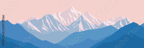 Vector drawing of mountain landscape, panoramic view, traveling in the mountains, climbing