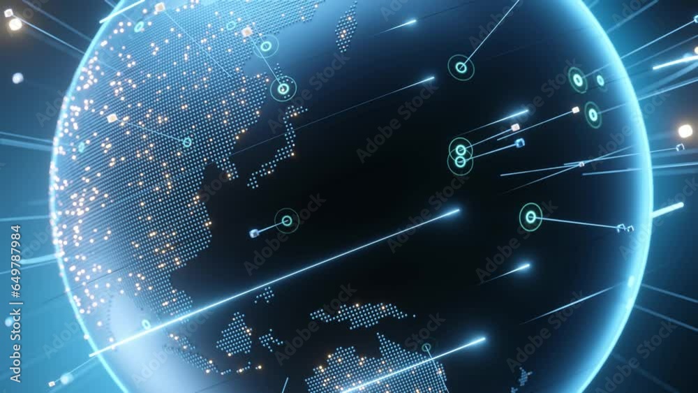 The 3D globe is rotating. There is an internet speed line that rotates around the world. There are connections all over the world.