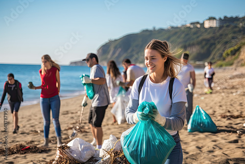 Photo of a volunteers collecting the waste on the coast line. Photo of eco volunteers people cleaning beach from plastic with trash bags at seaside.
