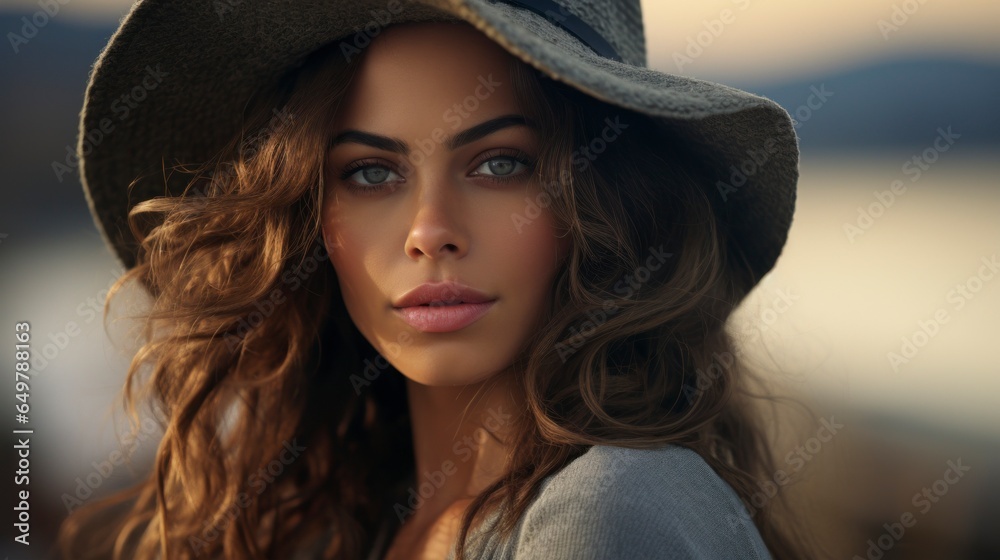 Woman in hat, medium close-up. Woman in hat, medium close-up.