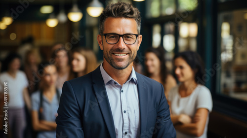 a photo portrait of a handsome american male school teacher with glasses standing in the classroom. students sitting and walking in the break.