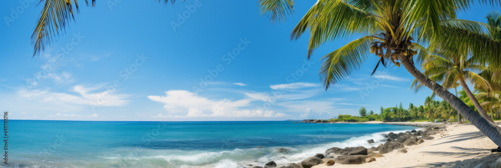 A tropical paradise. Blue skies, sunshine. Vacation destination. Crystal clear water. Island paradise. Palm trees. Beach. Ocean Paradise.