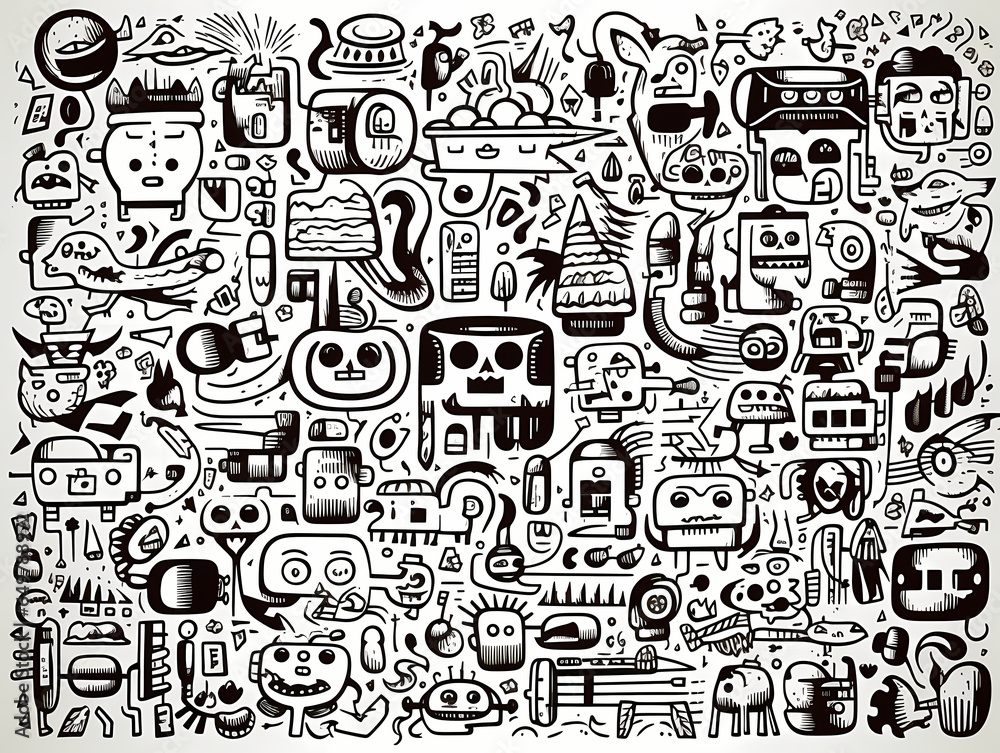 Black And White Doodle Of Various Objects