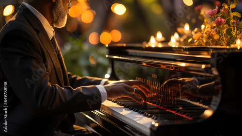 closeup photo of male hands of a person playing the piano pressing the keys. bokeh lights in the background. outside in the nature playing music instrument 