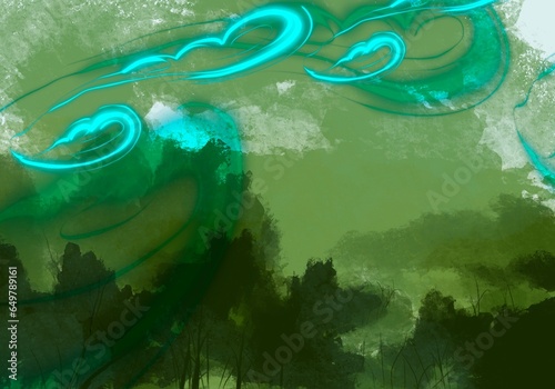 Abstract green landscape with neon clouds illustration 