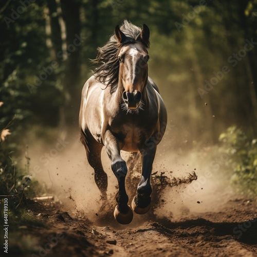 The horse moves along a dirt path when it's running