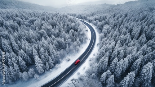 Curvy windy road in snow covered forest © XC Stock