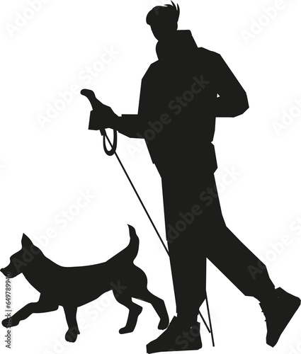 Silhouette of elderly woman with Nordic walking poles and her dog doing an outdoor workout. Senior woman doing sport and walking pet.