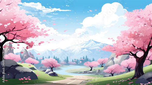 Cherry blossom landscape illustration wallpaper 