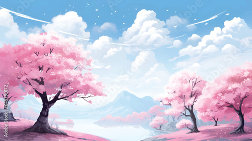 Cherry blossom landscape illustration wallpaper 