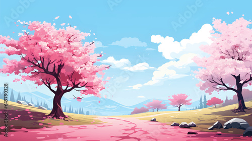 Cherry blossom landscape illustration wallpaper 