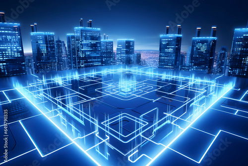 high building construction circuit line on ground blue neon