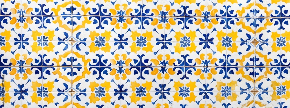 Yellow blue white mosaic tiles background - obrazy, fototapety, plakaty 