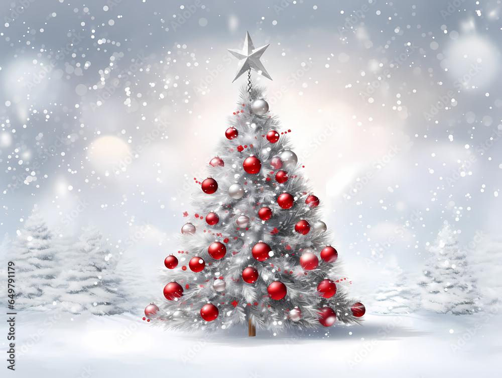 Christmas Tree With Red Ornaments And A Star In The Snow Christmas Tree With Red Ornaments And A Star In The Snow