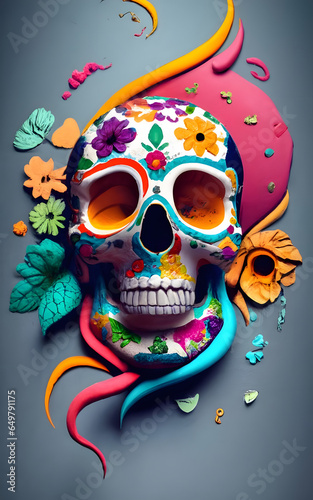 Calaveras mejicanas de colores sobre fondo gris, el día de los muertos, halloween