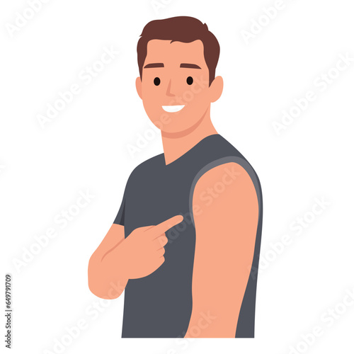 Man showing his arm with band aid after vaccine. Man vaccinated. Flat vector illustration isolated on white background