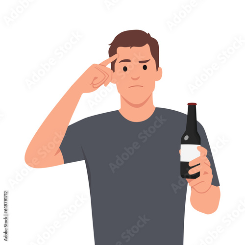 Young man refuse drinking alcohol. Decisive male make hand gesture sign say stop no to alcoholic cocktail. Pointing his forehead ask people to think. Angry.