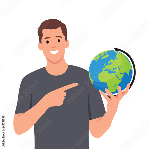 The successful businessman holds in a hand globe on. He is pointing and showing to the globe. Flat vector illustration isolated on white background