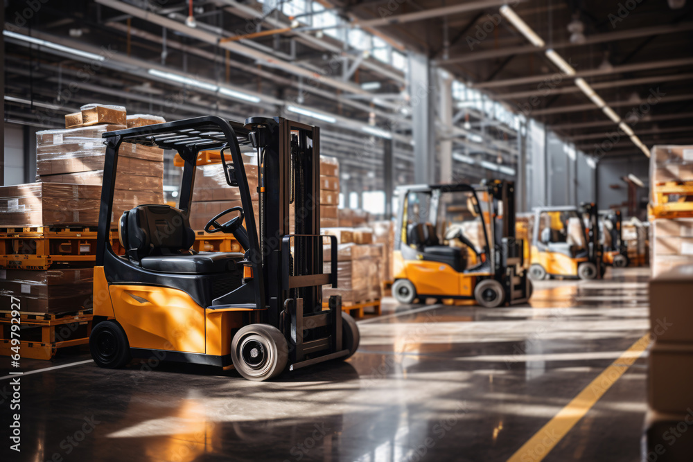 Forklifts in waiting for action, transporting goods within a warehouse facility, showcasing the efficiency of logistics operations. Generative Ai