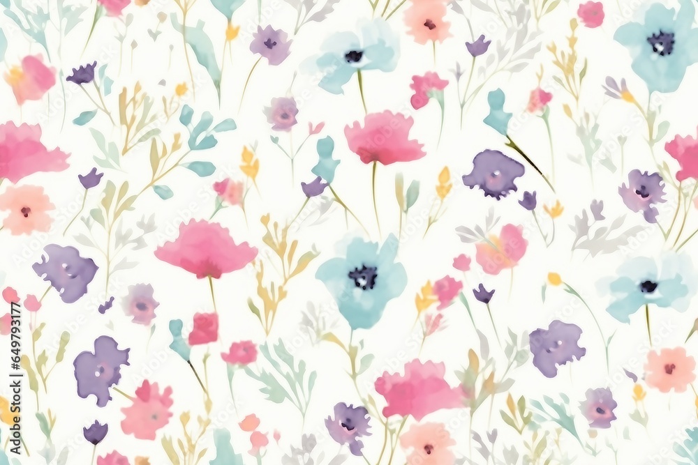 Cute feminine watercolor seamless pattern with wildflowers. generative ai.