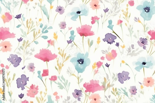 Cute feminine watercolor seamless pattern with wildflowers. generative ai.