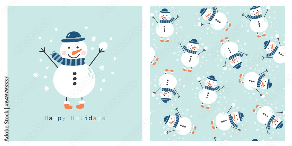 Сard with a snowman. Happy holidays. Vector illustrations
