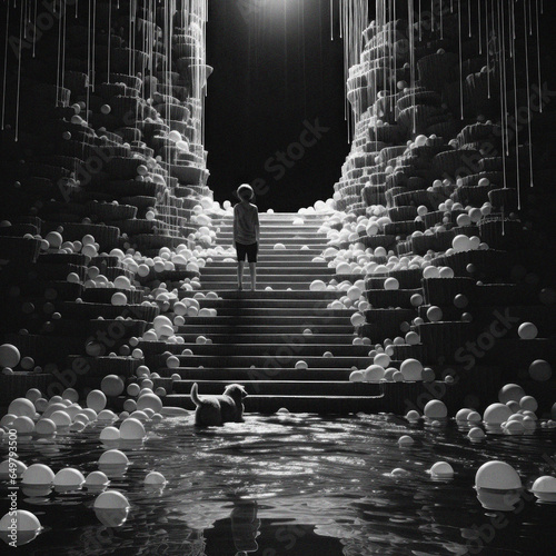 Fantastical scene of boy and dog climbing steps from a lake with white balls or bubbles