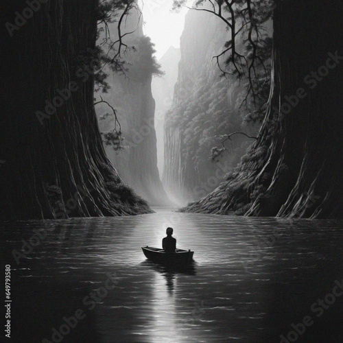 Fantastical scene of boy in boat floating between trees and a canyon on a serene lake
