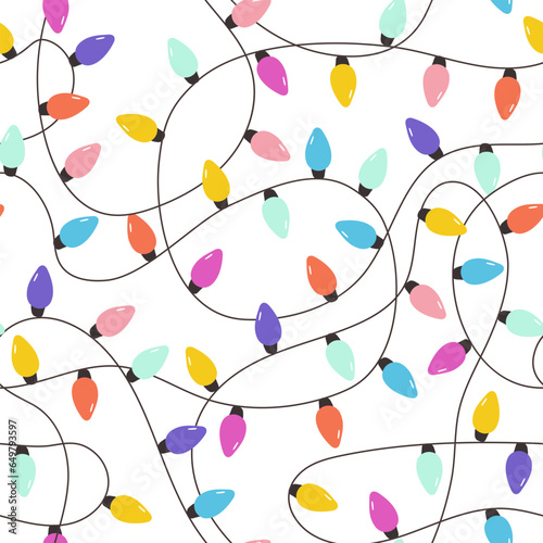 Christmas lights seamless pattern. Garland for holiday celebration with light bulbs. Vector illustrations
