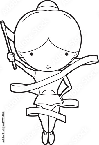 Vector linear illustration of a gymnast girl with gymnastic ribbon in her hand. Vector cartoon character	