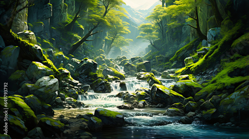 Mossy Stones Nestled Among Flowing Mountain Streams