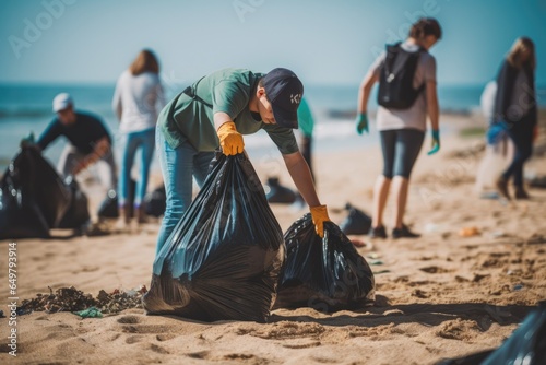 Earth day. Volunteers activists collects garbage cleaning of beach coastal zone. Ocean plastic trash, garbage bag on sea beach. Environmental conservation coastal zone cleaning