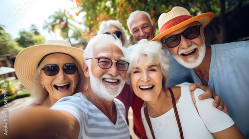 Group of happy senior people taking selfie pic with smartphone and smiling at camera, older friends having fun together © AspctStyle