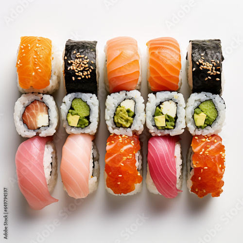 ood photograph of japan sushi top-down shot white bac, generative ai.