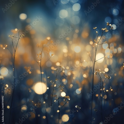 Golden and Cyan Particles over a Blurred Background. Shiny and Defocused Particles. © Boss