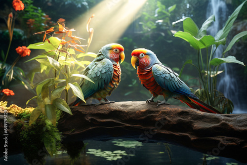 Macaw parrot, ara parrot, birds and animals, rainforest and plant, illustration. Generative AI. Wildlife, nature, jungle, avian and parakeet, pet and fauna, image