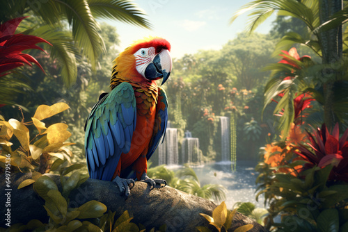 Macaw parrot, ara parrot, birds and animals, rainforest and plant, illustration. Generative AI. Wildlife, nature, jungle, avian and parakeet, pet and fauna, image