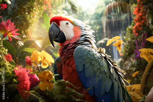 Macaw parrot, ara parrot, birds and animals, rainforest and plant, illustration. Generative AI. Wildlife, nature, jungle, avian and parakeet, pet and fauna, image