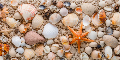 Scattered Various Seashells On Sandy Shore Top View Created Using Artificial Intelligence