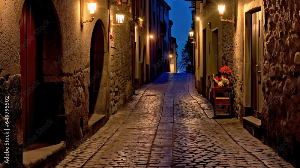 narrow cobblestoned street at night with lit street lamps created with Generative AI technology