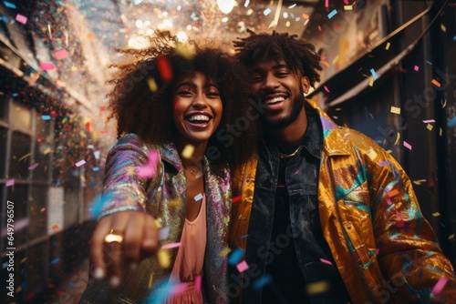 Young happy afro american couple enjoying celebration new year. Wearing modern fashion style of clothes. Festive atmosphere with confetti.